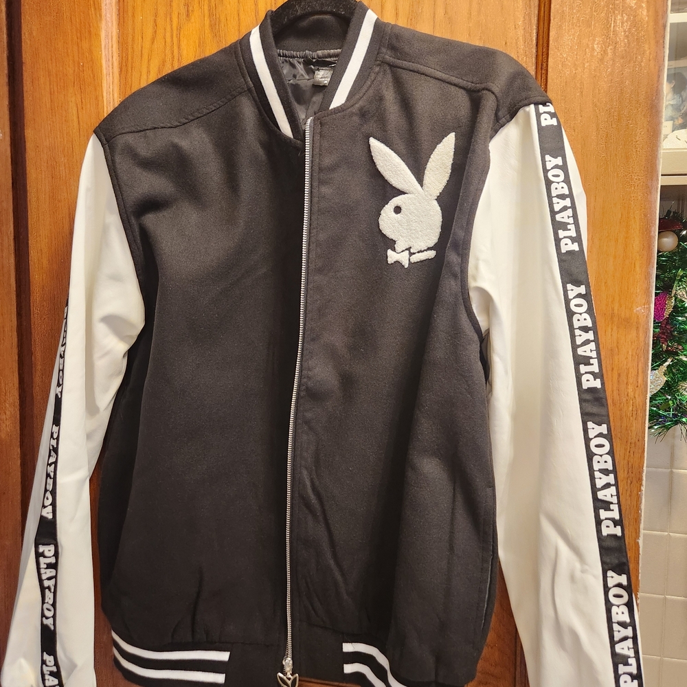 PLAYBOY Varsity Bomber Jacket Black and White